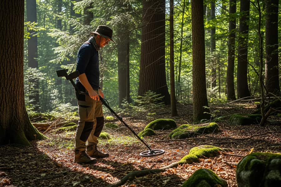 مردی با فلزیاب در حال کاوش در جنگلی سرسبز.