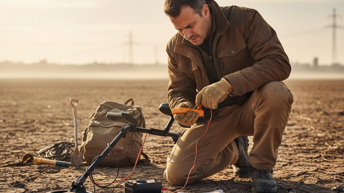عیب یابی فلزیاب در محیط کاوش؛ اپراتور در حال تست باتری دستگاه با مولتی متر