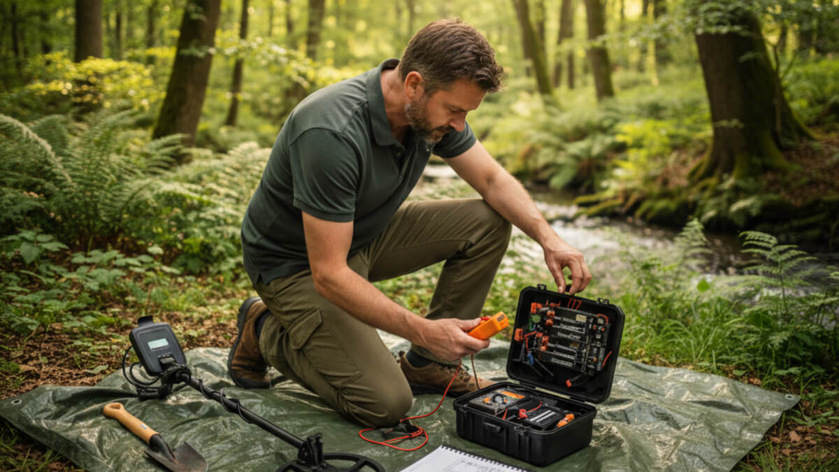 اپراتور در حال تعمیر و عیب یابی فلزیاب و اتصالات الکترونیکی در جعبه کنترل، در یک محیط جنگلی