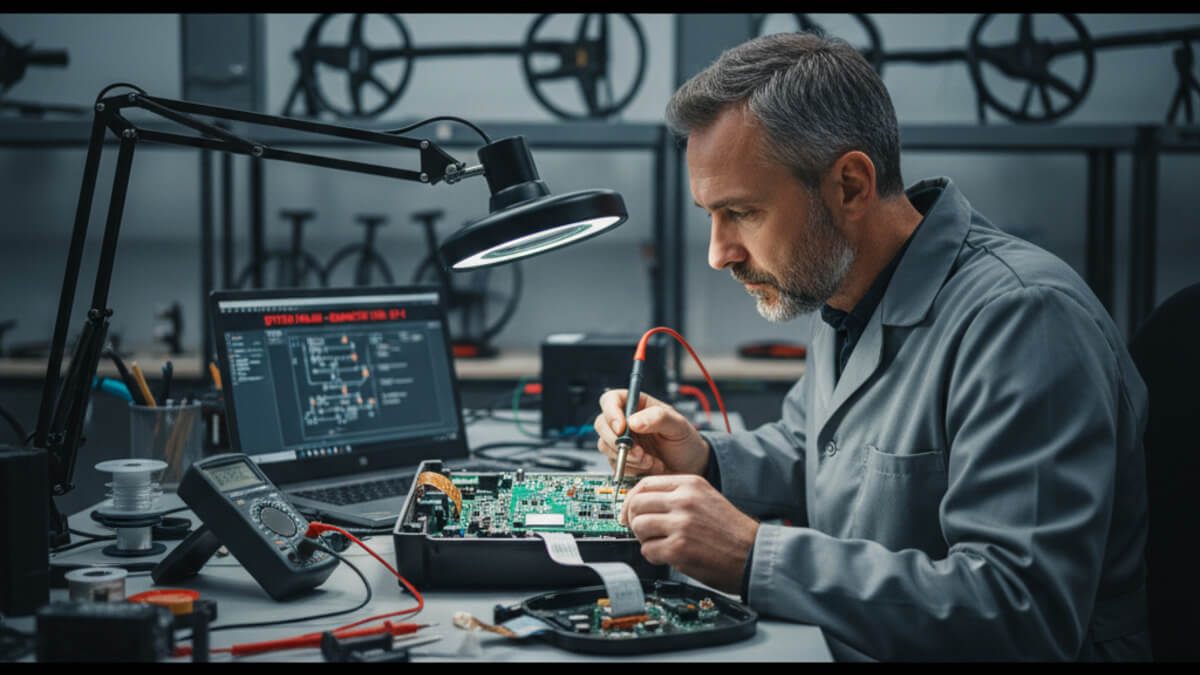 تعمیرکار متخصص در حال عیب یابی و تست برد الکترونیکی (PCB) فلزیاب با مولتی متر